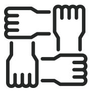 line icon of four interlocking hands in a square