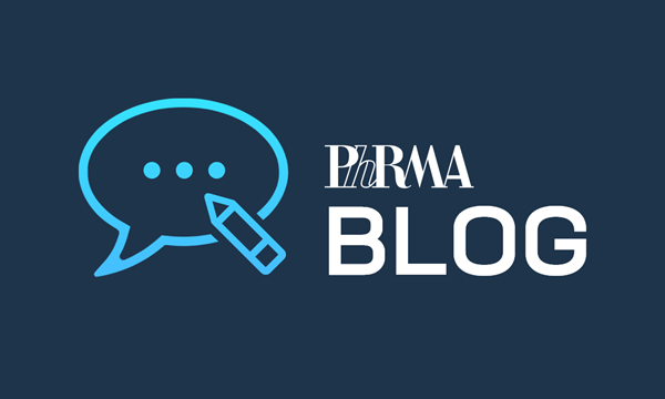 Icon of a speech bubble and a pencil, next to the PhRMA logo above the word Blog