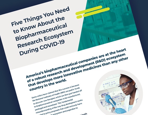 A teaser image featuring the first page of the a recent PhRMA report, reading "Five Things You Need to Know About the Biopharmaceutical Research Ecosystem During COVID-19"