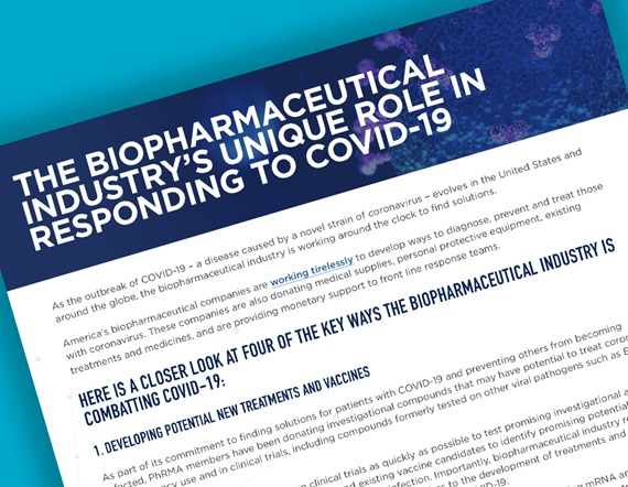 A teaser image featuring PhRMA's Fact sheet, with the title displaying: "The Biopharmaceutical Industry's Unique Role in Responding to COVID-19"