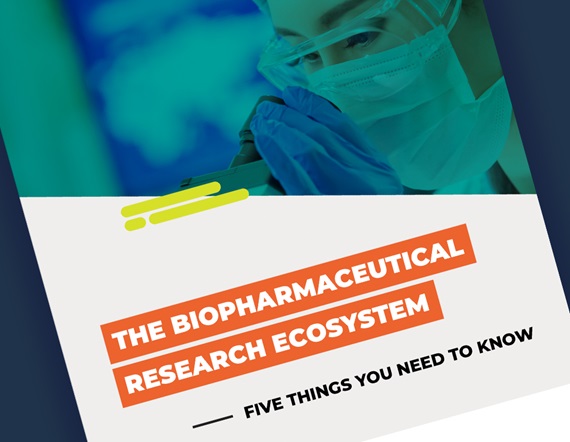 A teaser image of the first page of a recent PhRMA report, reading "The Biopharmaceutical Research Ecosystem—Five Things You Need to Know"