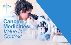 A woman wearing laboratory attire looking into a microscope, behind a headline reading "Cancer Medicines: Value in Context: