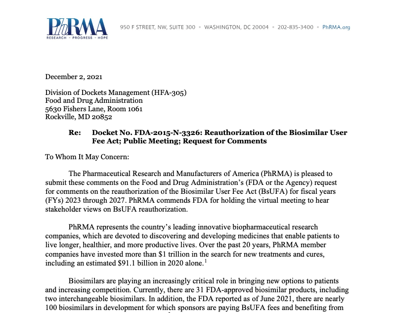 Comments On BsUFA Reauthorization