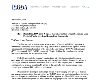 PhRMA Comments for FDA BsUFA III Goals Letter Meeting