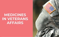 Shoulder of a military member with American flag patch visible, with text "medicines in veterans affairs"