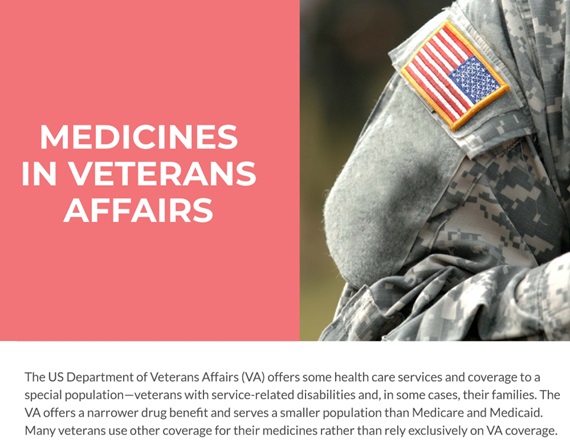 Shoulder of a military member with American flag patch visible, with text "medicines in veterans affairs"