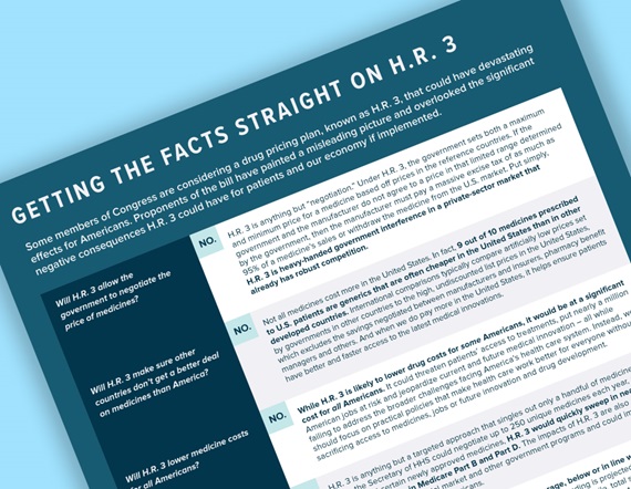 A teaser image of a fact sheet from PhRMA entitled "Getting the Facts Straight on H.R. 3"