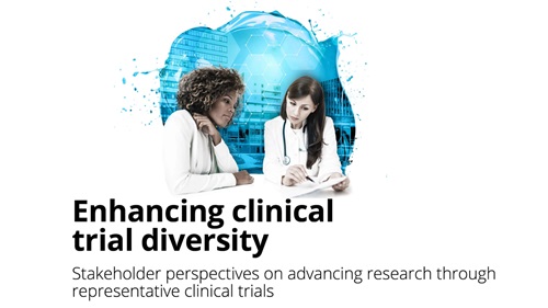 Photo of a doctor and a patient reading a chart, over a blue splash graphic background, with text below reading Enhancing Clinical Trial Diversity - Stakeholder Perspectives on Advancing Research through Representative Clinical Trials