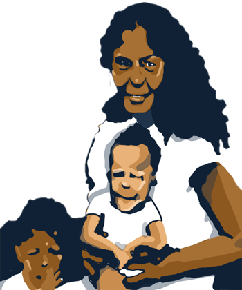 An illustration depicting a black Puerto Rican woman holding a young child on her lap, with another child nearby.