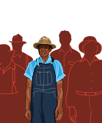 An illustration depicting a black man in common clothing of a farmer from 1930s America, centered in a group of other similarly dressed figures who are shown in outline only