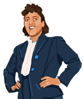 An illustration depicting Henrietta Lacks, wearing a suit, smiling, and with her hands on her hips