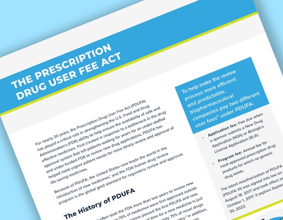 A teaser image of a fact sheet from PhRMA entitled "The Prescription Drug User Fee Act"