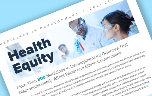 A teaser image of the first page of PhRMA's 2021 Medicines in Development for Health Equity report