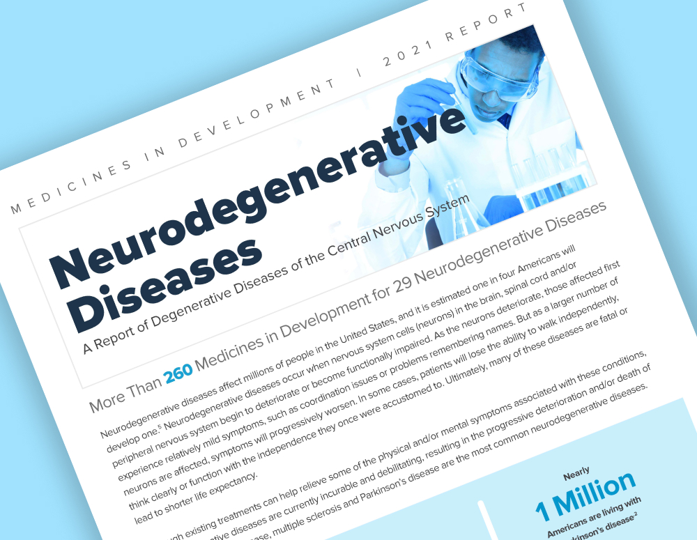 Teaser image featuring the first page of PhRMA's report on 2021 Medicines in Development for Neurodegenerative Diseases