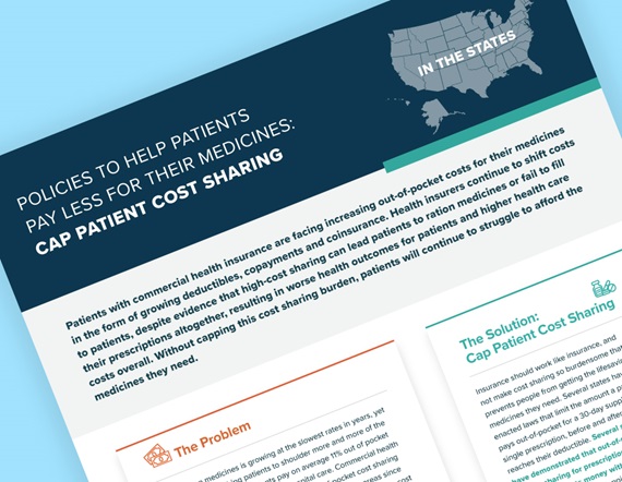 Teaser image for fact sheet, titled "Policies to Help Patients Pay Less for their medicines: cap patient cost sharing"