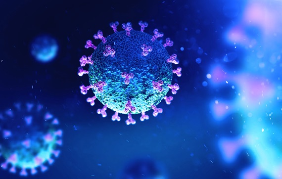 A 3D rendering depicting the SARS-CoV-2 virus, the virus which causes COVID-19