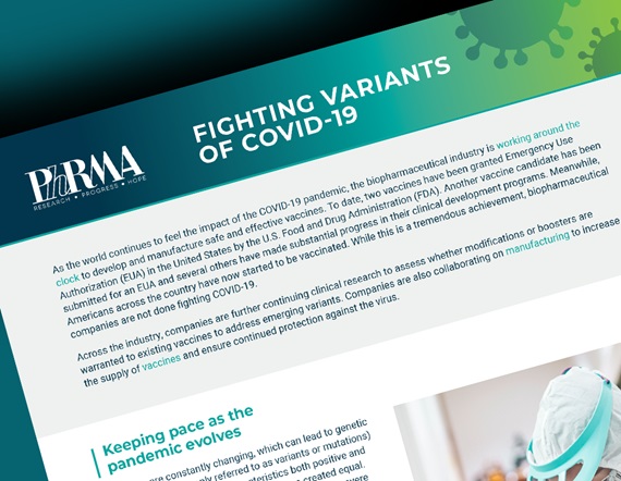 An illustration of PhRMA's fact sheet entitled "Fighting Variants of COVID-19"