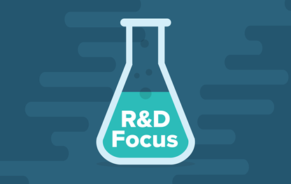 An illustration of a flask containing a colored liquid, with the words "R and D focus" appearing over the liquid