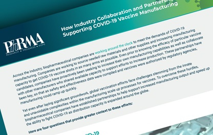 A graphic showing the first page of PhRMA's fact sheet entitled "How Industry Collaboration and Partnerships are Supporting COVID-19 Vaccine Manufacturing"