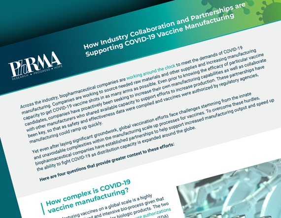 A graphic showing the first page of PhRMA's fact sheet entitled "How Industry Collaboration and Partnerships are Supporting COVID-19 Vaccine Manufacturing"