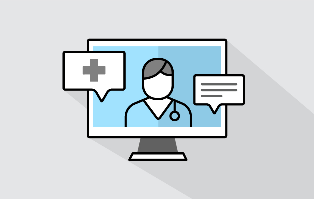 Graphic illustration of a desktop computer with a doctor on the screen, and speech bubble and medical cross icons superimposed