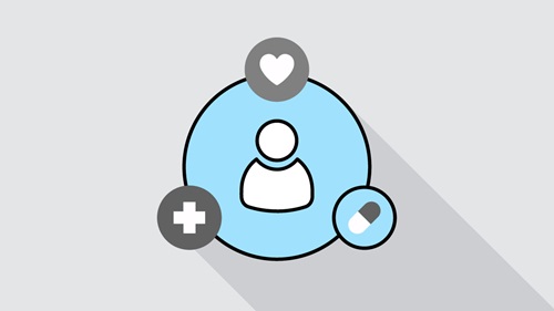 A heart, a hospital Icon and a speech bubble forming a circle around an icon of a person