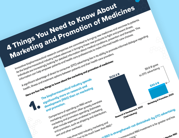 Teaser image of PhRMA fact sheet with the title text visible, reading 4 things you need to know about marketing and promotion of medicines