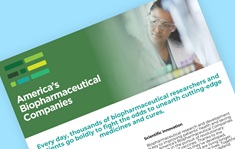 Teaser image of the top half of a PhRMA fact sheet on, with the title America's Biopharmaceutical Companies and an image of a female African American chemist in a lab