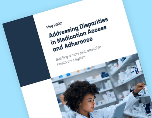 Teaser image of the title page of PhRMA's report on Addressing Disparities in Medication Access and Adherence