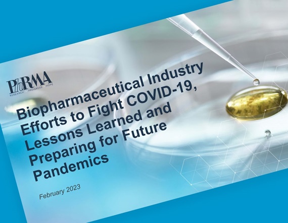 Teaser image for PhRMA report titled Biopharmaceutical Industry Efforts to Fight COVID-19: Lessons Learned and Preparing for Future Pandemics