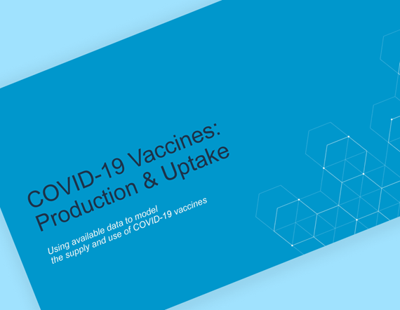 Image with dark text on a rich light-blue background: COVID-19 Vaccines: Production & Uptake"