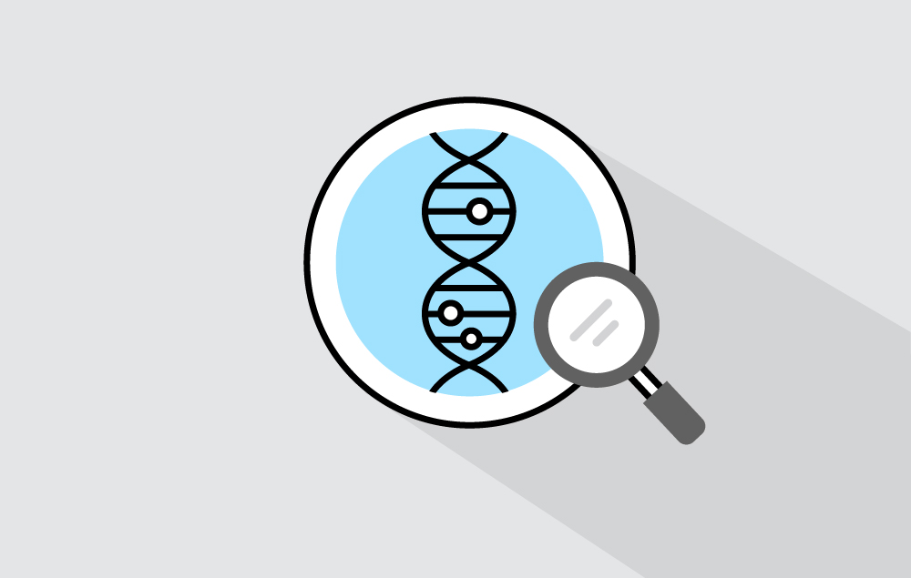 Icon image showing DNA strand under magnifying glass