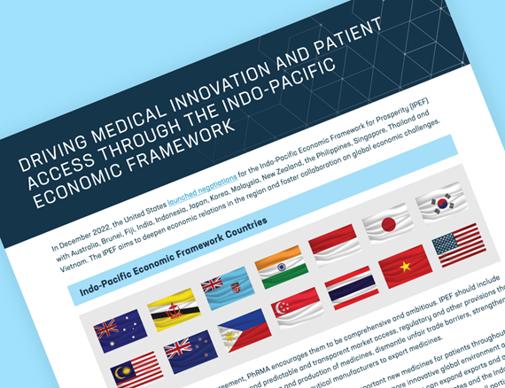Teaser image of a PhRMA fact sheet titled "Driving Medical Innovation and Patient Access Through the Indo-pacific Economic Framework"