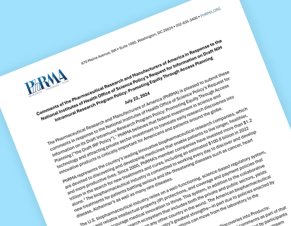 Top half of the first page of a PhRMA comment letter to NIH request for inforpation on the draft intramural research program policy entitled Promoting Equity through Access Planning