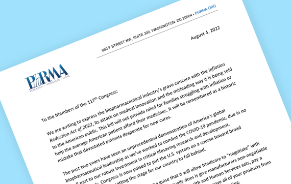 A teaser image for PhRMA's Letter to Congress concerning the Inflation Reduction Act of 2022
