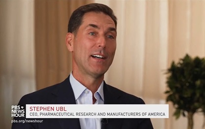 Still from PBS NewsHour interview showing PhRMA CEO Stephen Ubl speaking, with his name and title appearing in banner text below