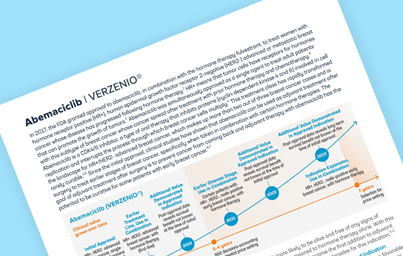 Teaser image showing the first page of a fact sheet for emerging value for verzenio, tilted at an angle against a light blue background