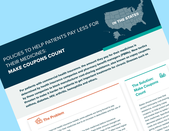 Teaser image for fact sheet, titled "Policies to Help Patients Pay Less for their medicines: make coupons count"