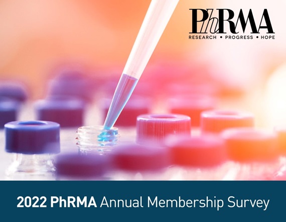 Teaser detail image of PhRMA's Annual Membership Survey report cover showing the PhRMA logo, title, and close-up image of a pipette dripping liquid into a row of bottles