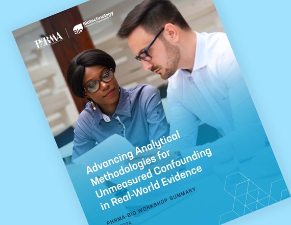 Teaser image displaying cover of PhRMA and BIO workshop summary, showing title text Advancing Analytical Methodologies for Unmeasured Confounding in Real-World Evidence