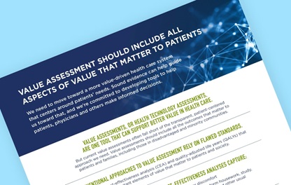 Teaser image for PhRMA's fact sheet on how value assessment should include all aspects of value that matter to patients