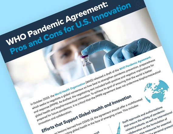 Teaser image of first page of PhRMA fact sheet titled "WHO Pandemic Agreement: Pros and Cons for U.S. Innovation"